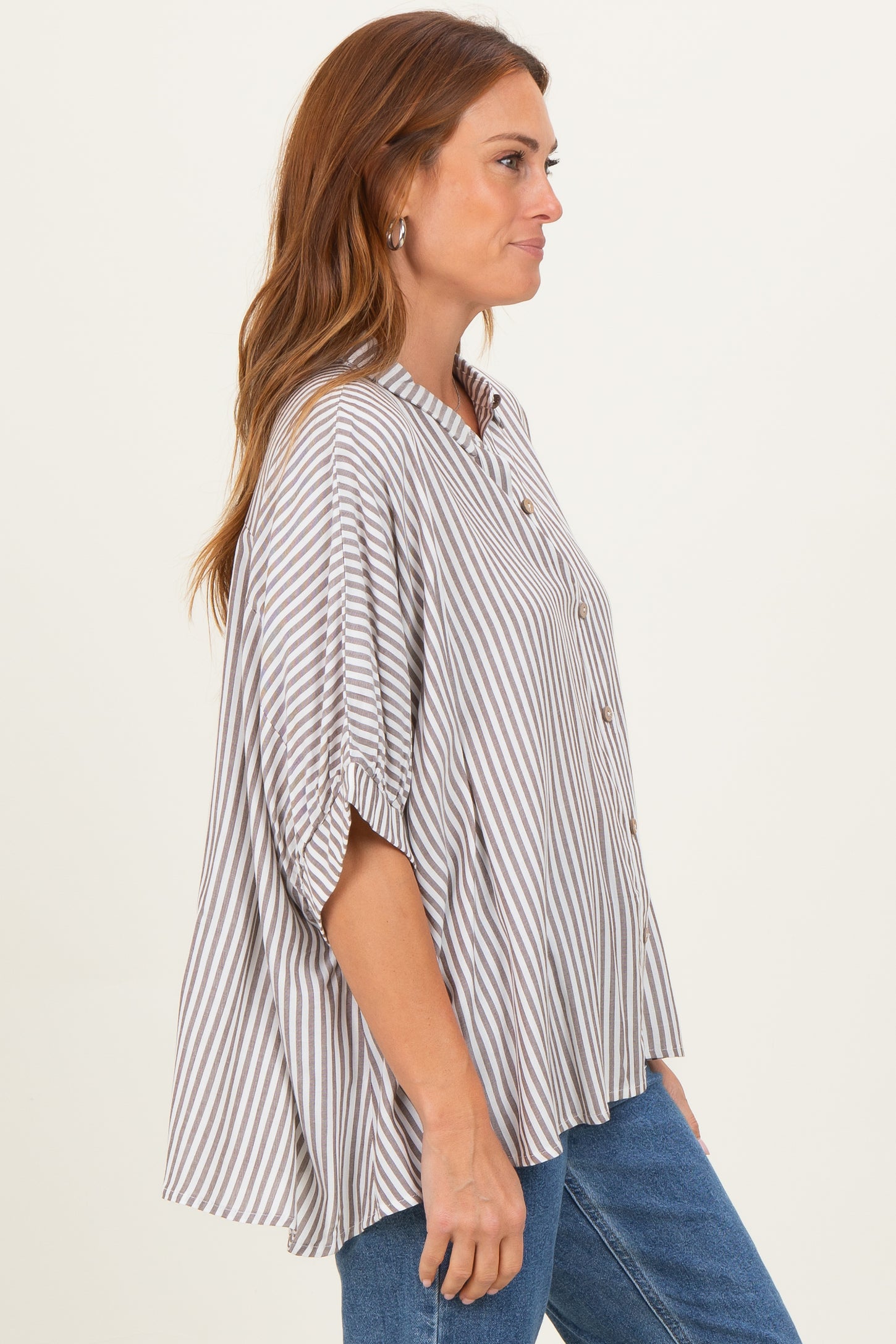 Brown Striped Button Up Dolman Top