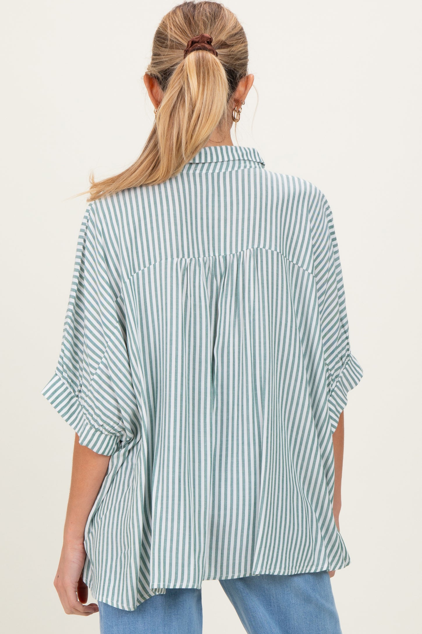 Forest Green Striped Button Up Dolman Maternity Top
