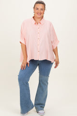 Coral Striped Button Up Short Dolman Sleeve Maternity Plus Top