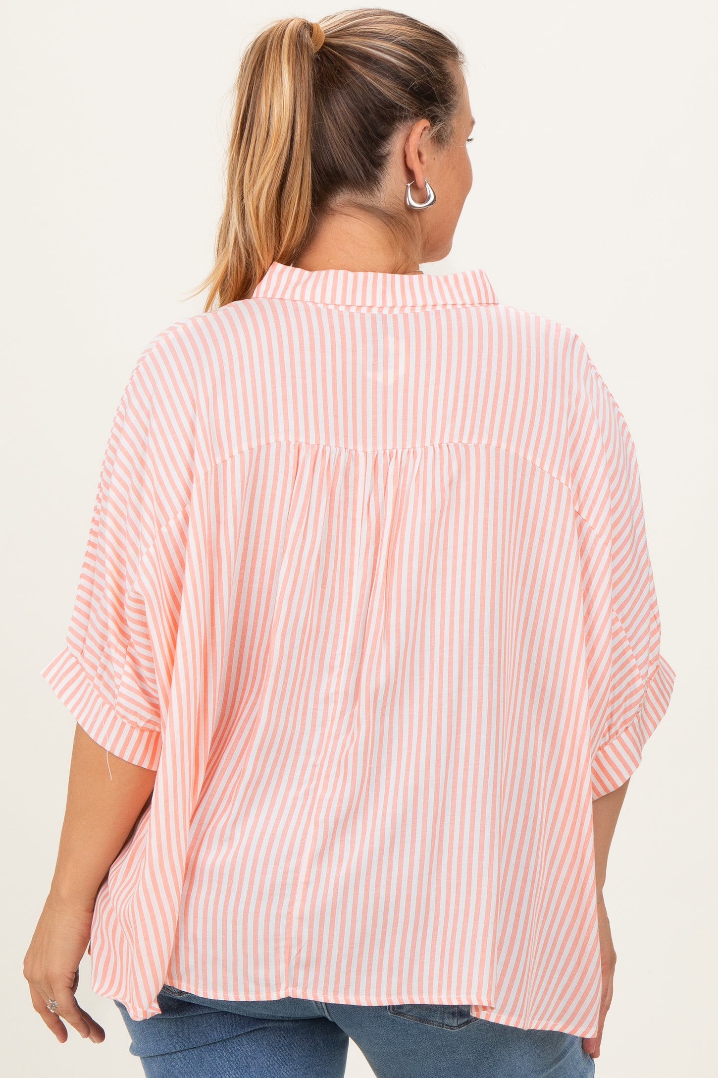 Coral Striped Button Up Short Dolman Sleeve Maternity Plus Top