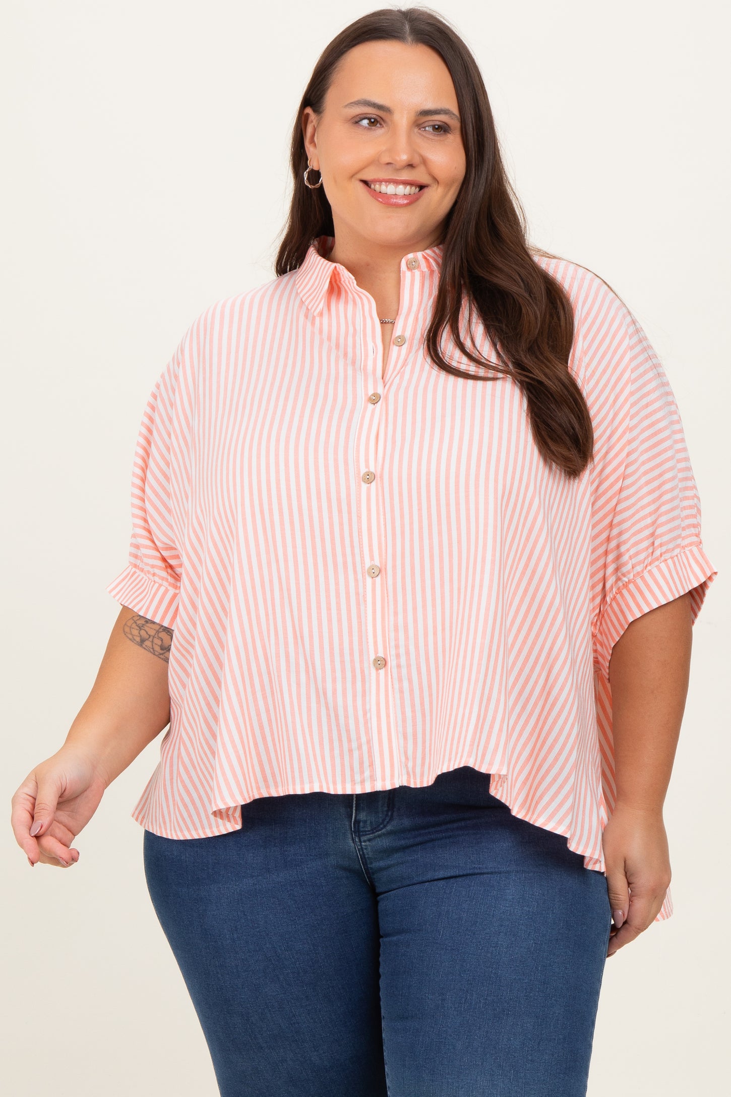 Coral Striped Button Up Short Dolman Sleeve Maternity Plus Top