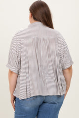 Brown Striped Button Up Short Dolman Sleeve Maternity Plus Top