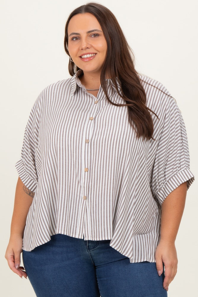 Brown Striped Button Up Short Dolman Sleeve Plus Top