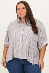 Brown Striped Button Up Short Dolman Sleeve Maternity Plus Top