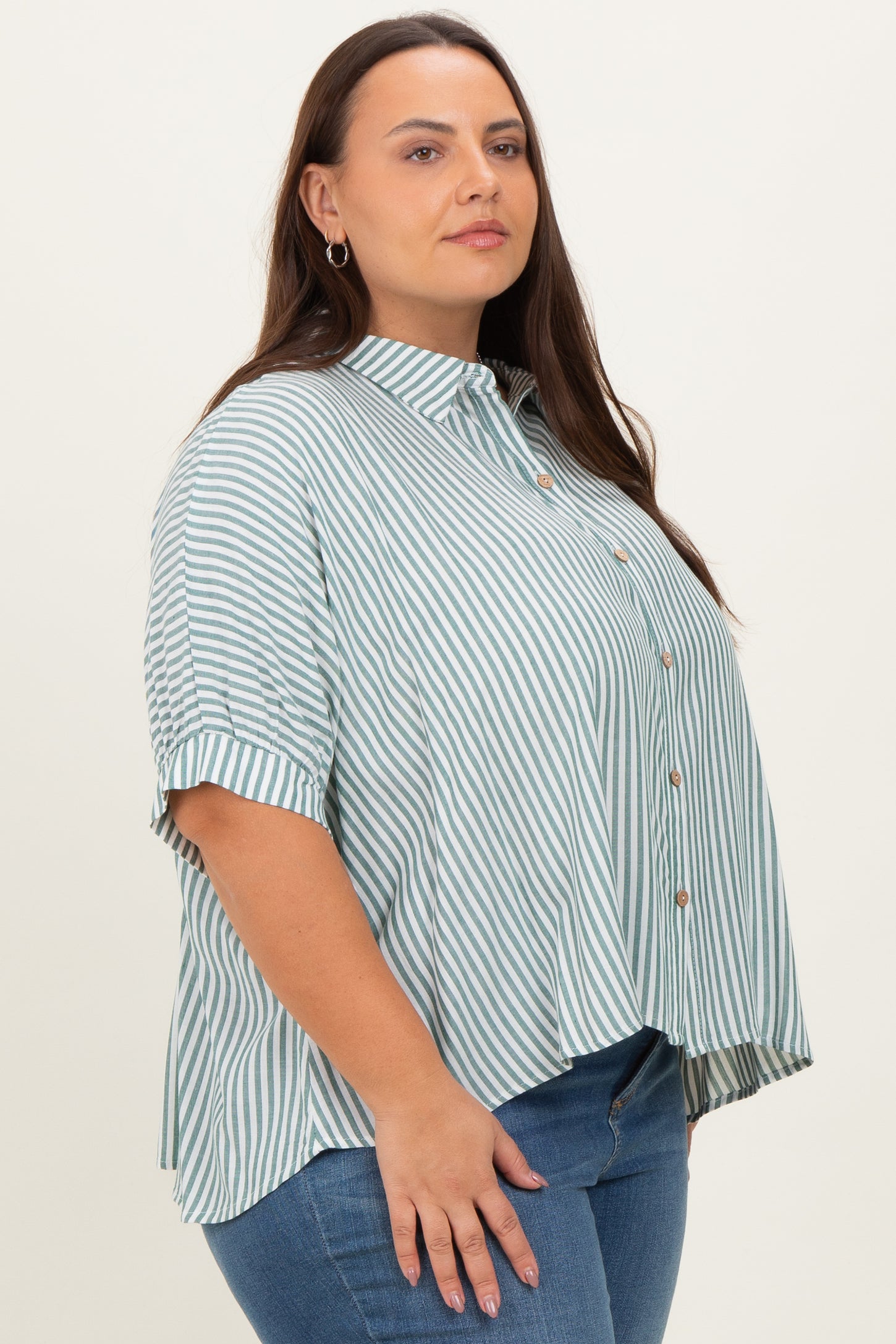 Forest Green Striped Button Up Short Dolman Sleeve Plus Top