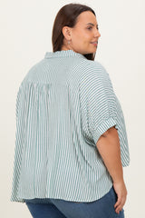 Forest Green Striped Button Up Short Dolman Sleeve Plus Top