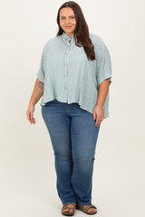 Forest Green Striped Button Up Short Dolman Sleeve Plus Top