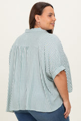 Forest Green Striped Button Up Short Dolman Sleeve Plus Top