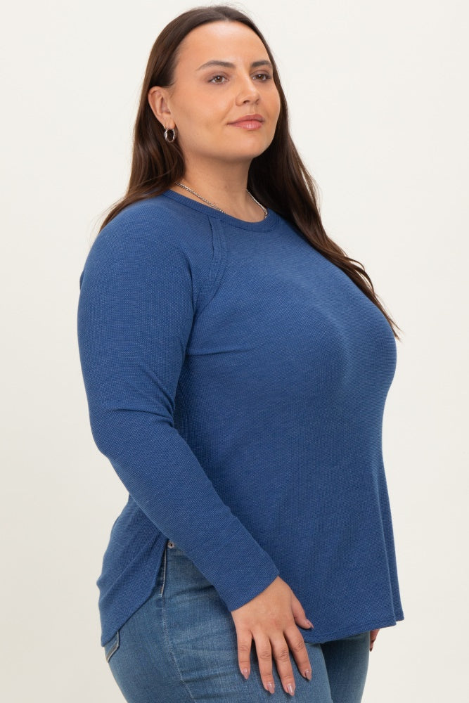 Navy Baby Waffle Knit Long Sleeve Plus Top