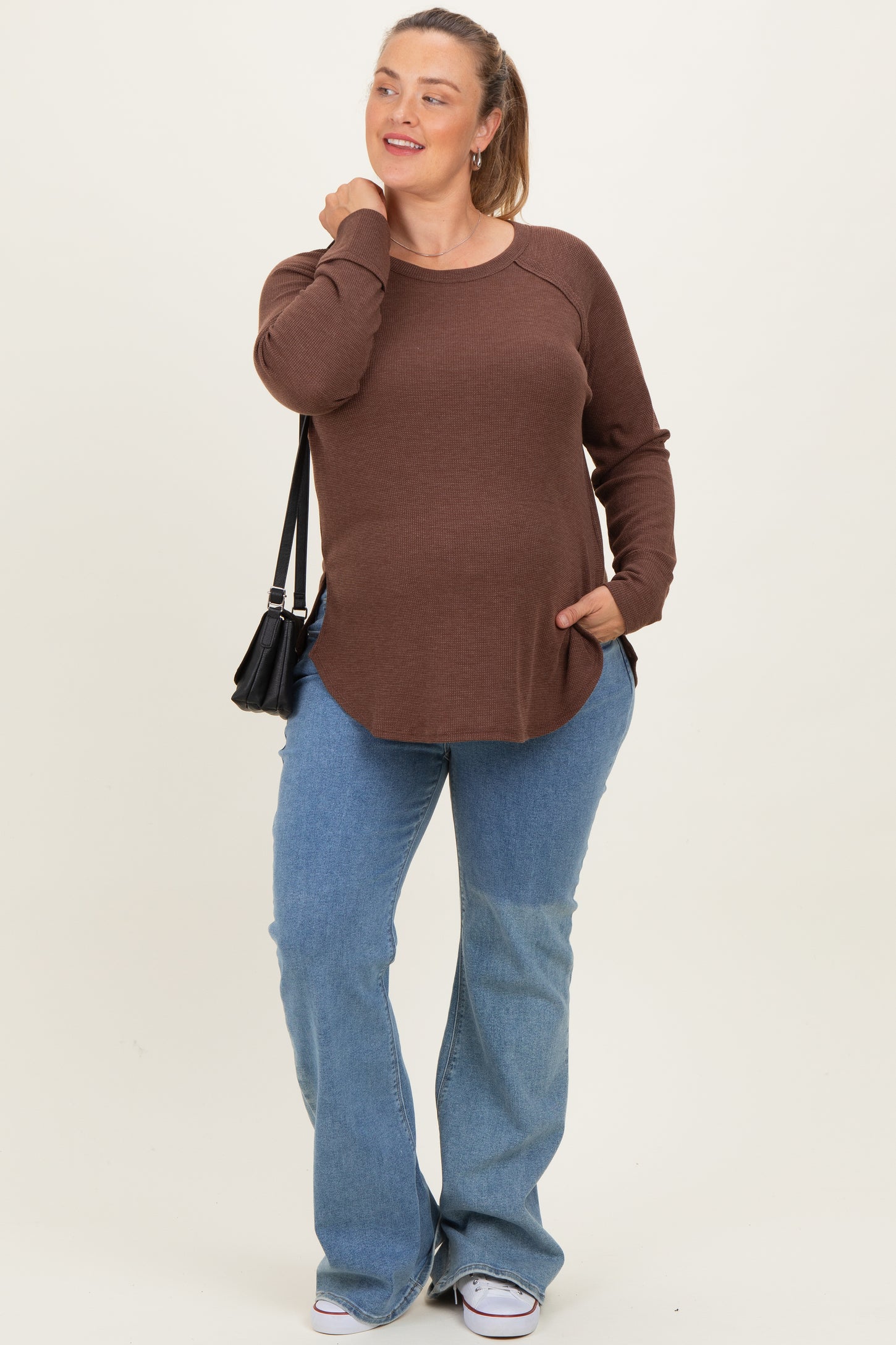 Brown Baby Waffle Knit Long Sleeve Maternity Plus Top