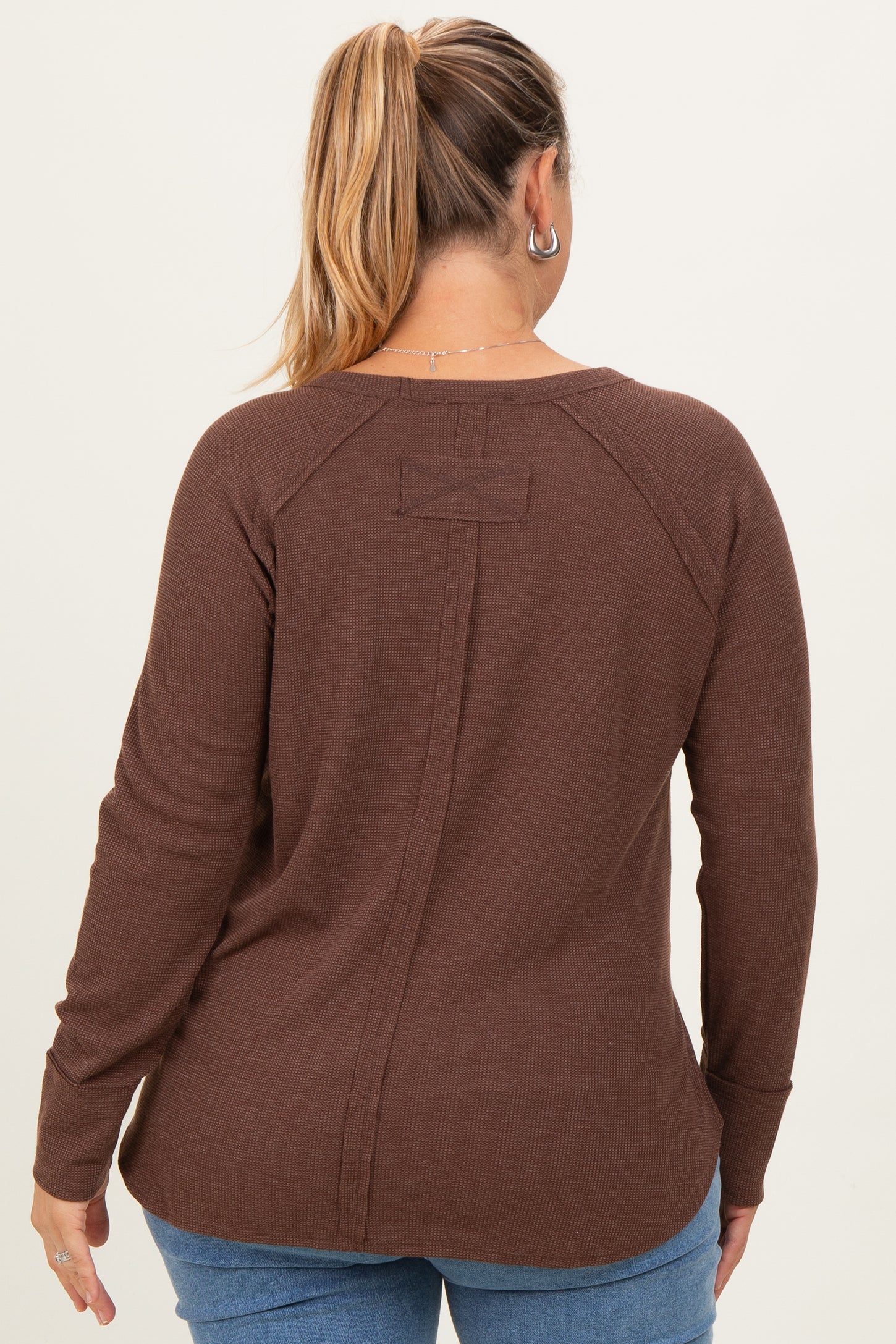 Brown Baby Waffle Knit Long Sleeve Maternity Plus Top