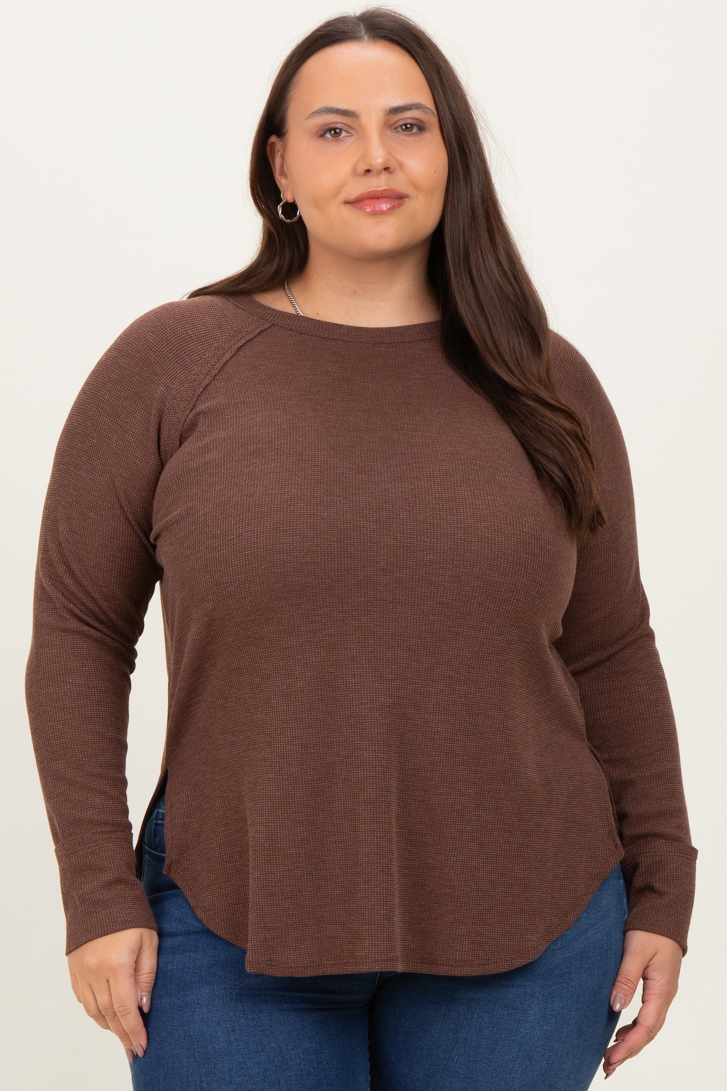 Brown Baby Waffle Knit Long Sleeve Maternity Plus Top