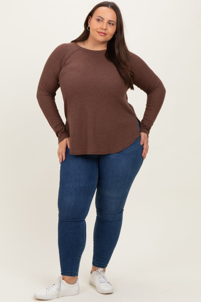 Brown Baby Waffle Knit Long Sleeve Plus Top