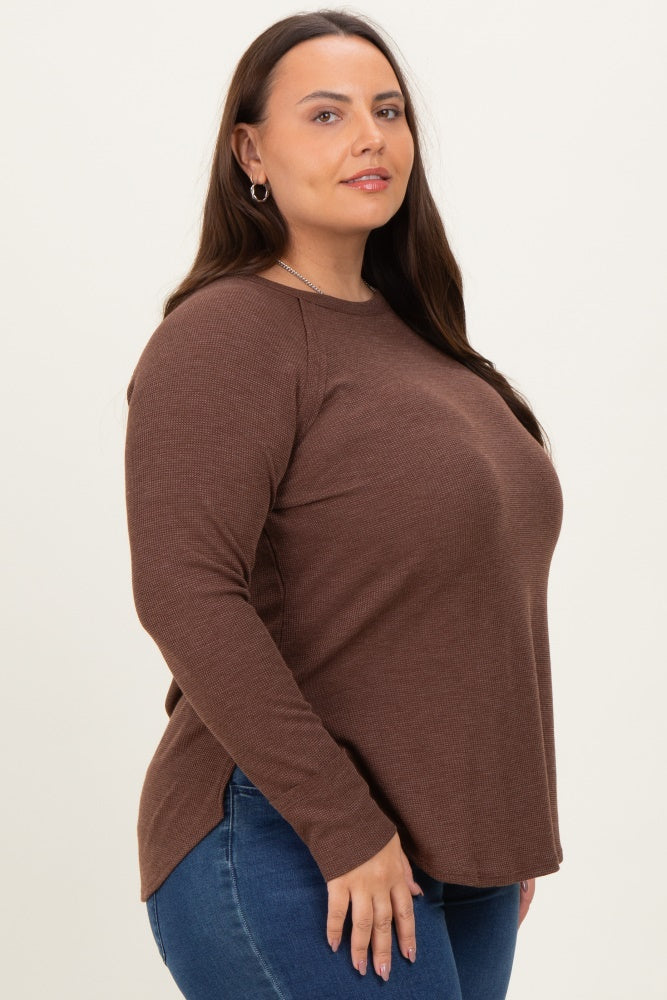 Brown Baby Waffle Knit Long Sleeve Plus Top