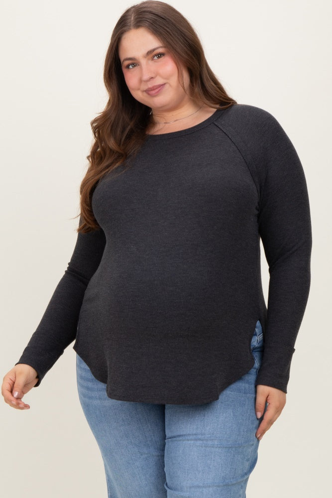 Charcoal Baby Waffle Knit Long Sleeve Maternity Plus Top