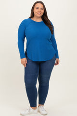 Blue Baby Waffle Knit Long Sleeve Plus Top
