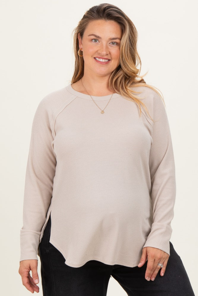Cream Baby Waffle Knit Long Sleeve Maternity Plus Top