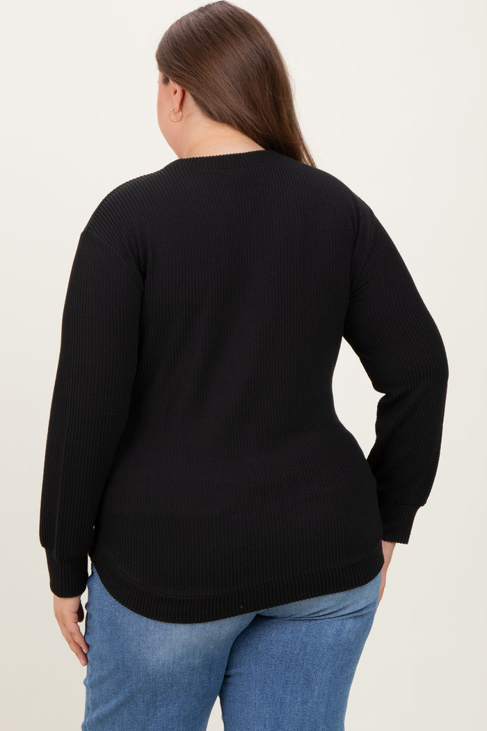 Black Textured Ribbed Long Sleeve Maternity Plus Top