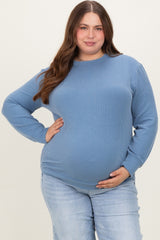 Blue Textured Ribbed Long Sleeve Maternity Plus Top