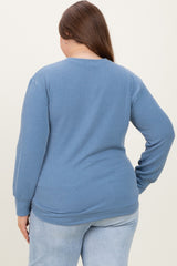 Blue Textured Ribbed Long Sleeve Maternity Plus Top