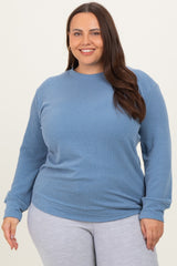 Blue Textured Ribbed Long Sleeve Maternity Plus Top