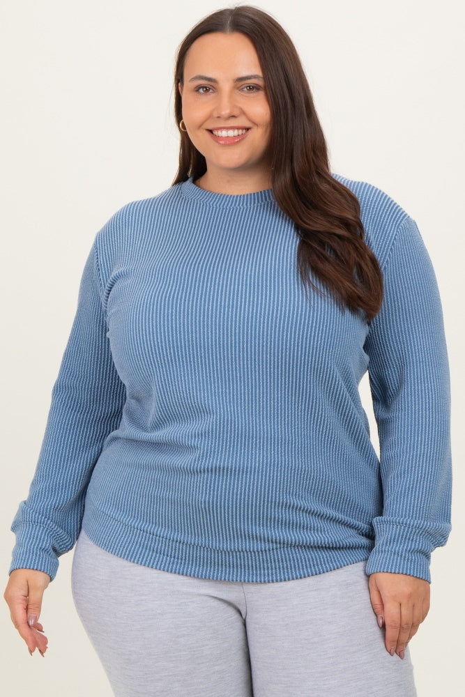 Blue Textured Ribbed Long Sleeve Plus Top