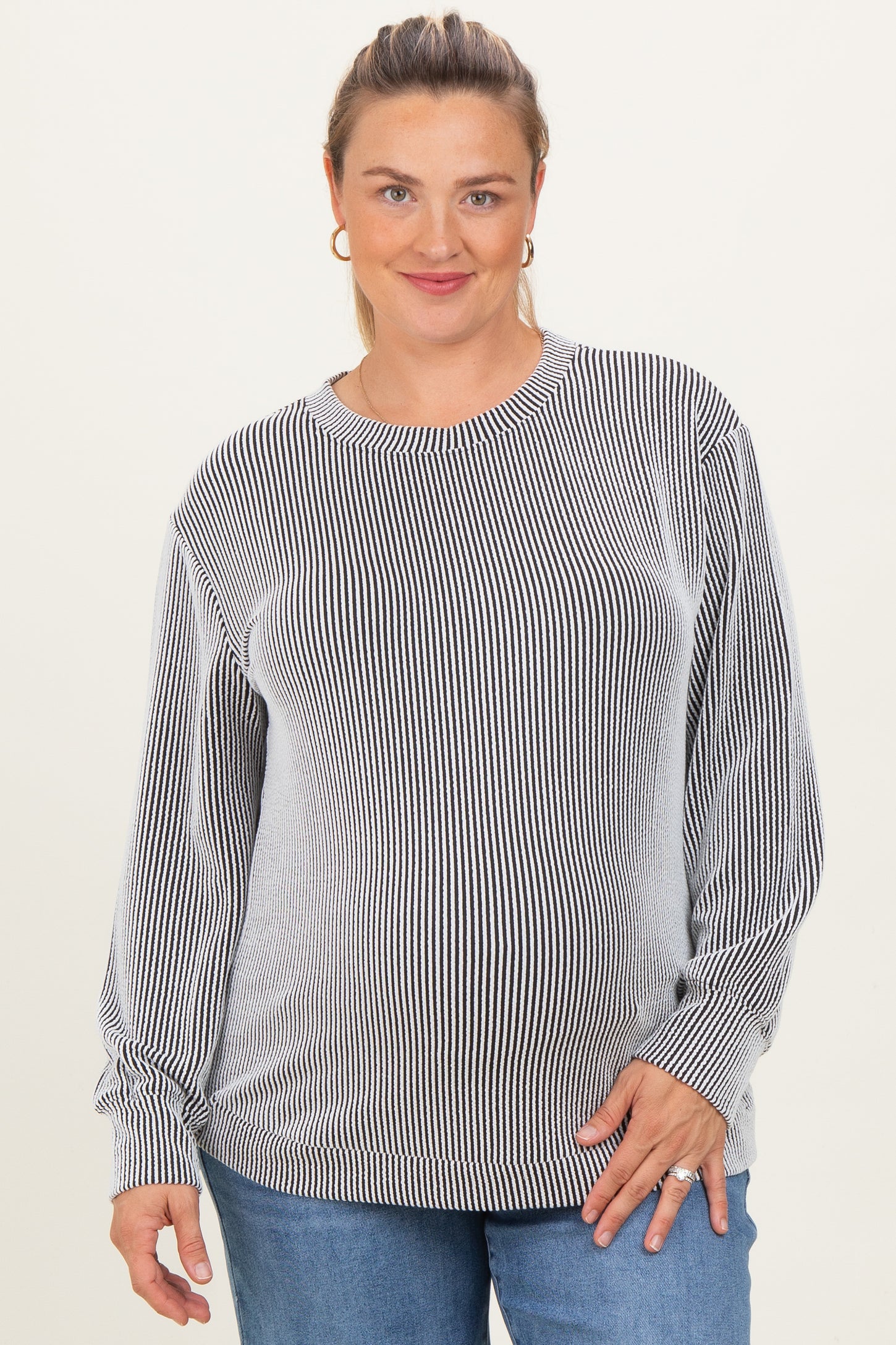 White Stripe Textured Ribbed Long Sleeve Maternity Plus Top