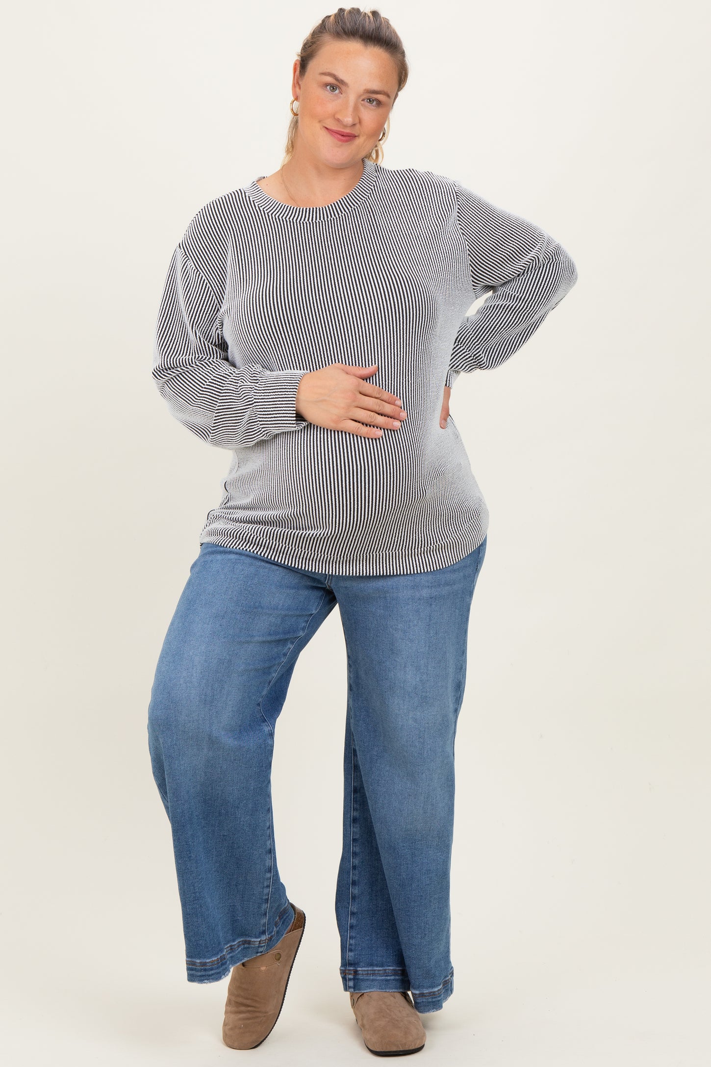 White Stripe Textured Ribbed Long Sleeve Maternity Plus Top