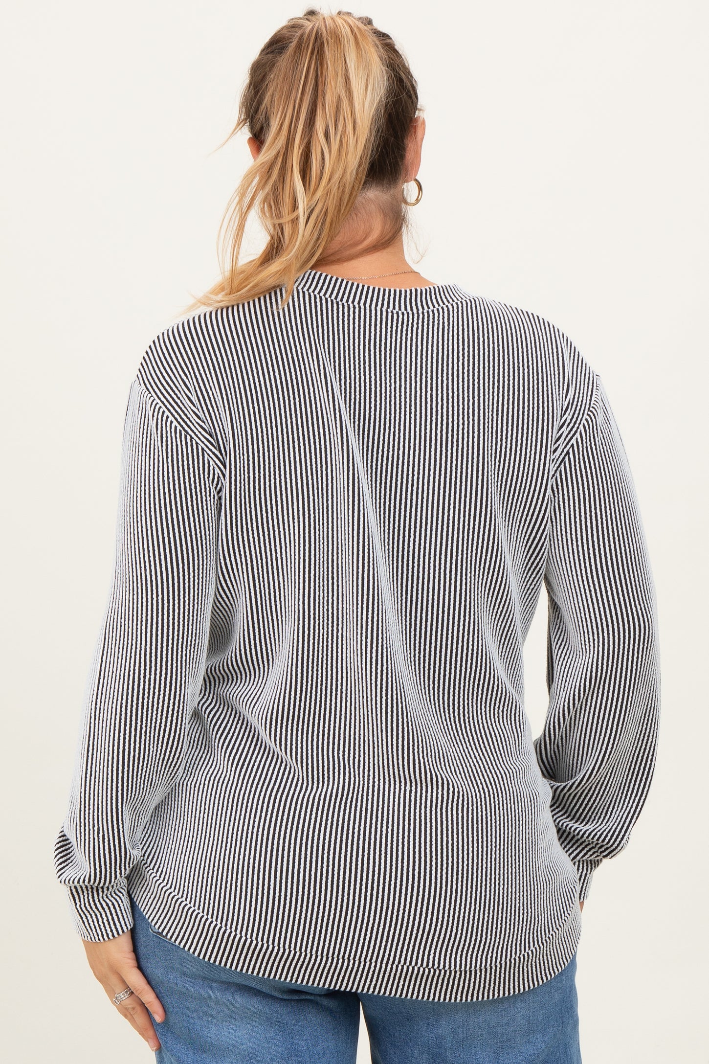 White Stripe Textured Ribbed Long Sleeve Maternity Plus Top