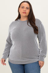 White Stripe Textured Ribbed Long Sleeve Plus Top