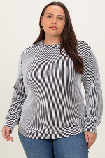 White Stripe Textured Ribbed Long Sleeve Plus Top