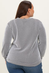 White Stripe Textured Ribbed Long Sleeve Plus Top