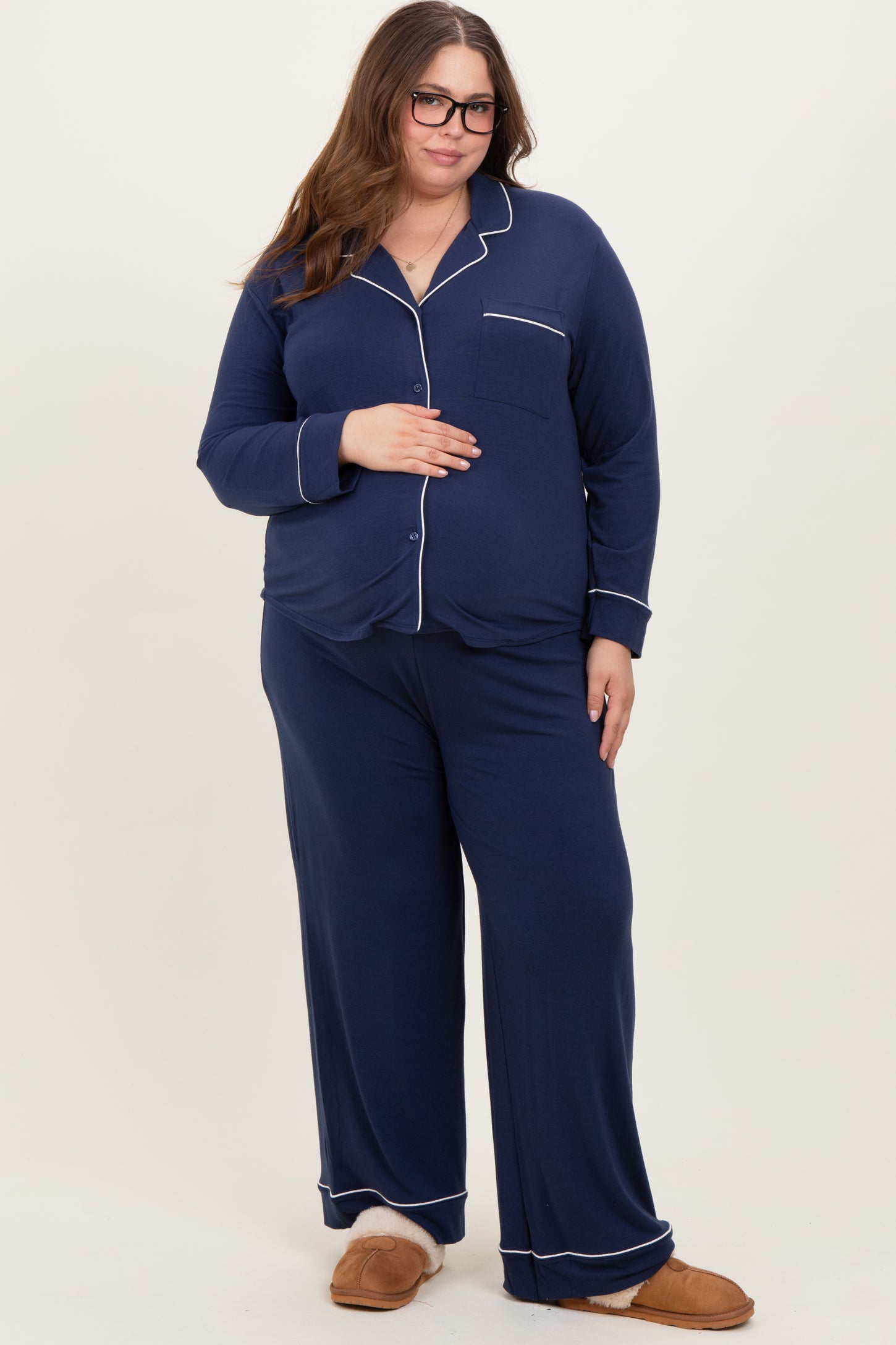 Navy Button Down Top Wide Leg Pant Maternity Plus Pajama Set