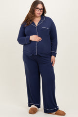 Navy Button Down Top Wide Leg Pant Maternity Plus Pajama Set