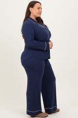 Navy Button Down Top Wide Leg Pant Plus Pajama Set