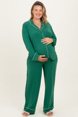Forest Green Button Down Top Wide Leg Pant Maternity Plus Pajama Set