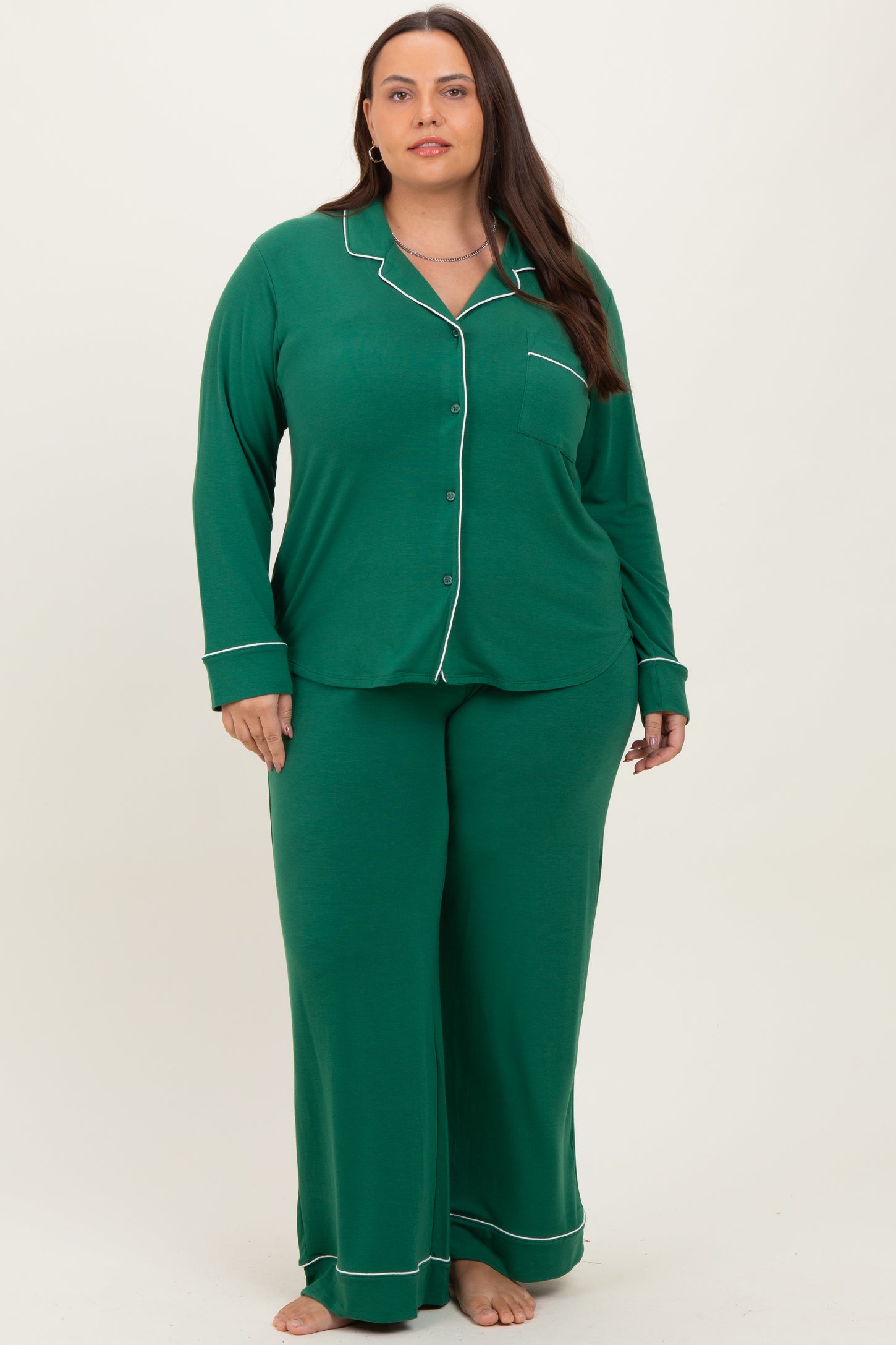 Forest Green Button Down Top Wide Leg Pant Plus Pajama Set