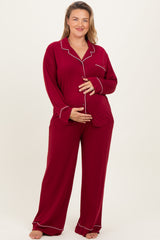 Burgundy Button Down Top Wide Leg Pant Maternity Plus Pajama Set