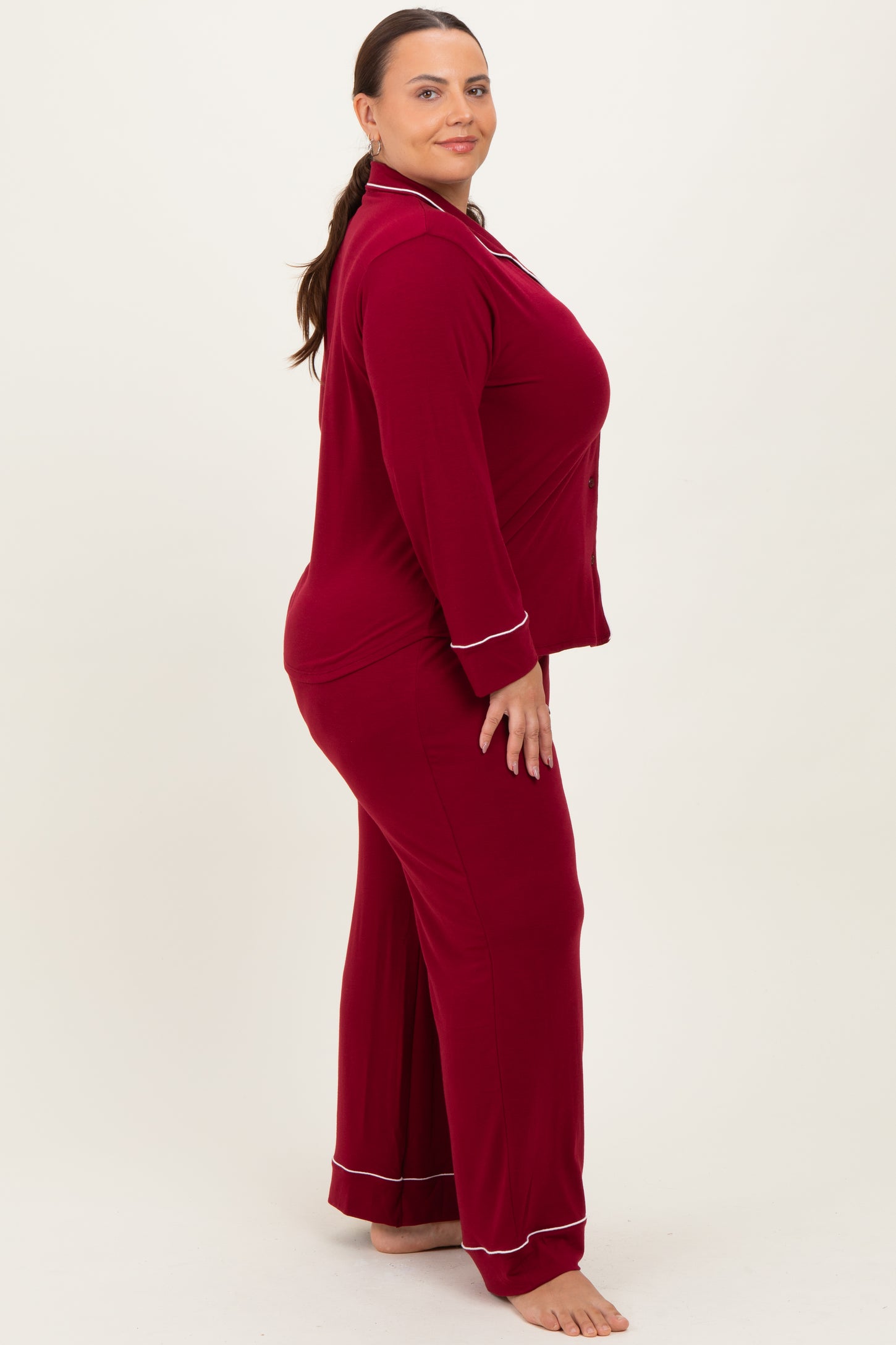 Burgundy Button Down Top Wide Leg Pant Plus Pajama Set