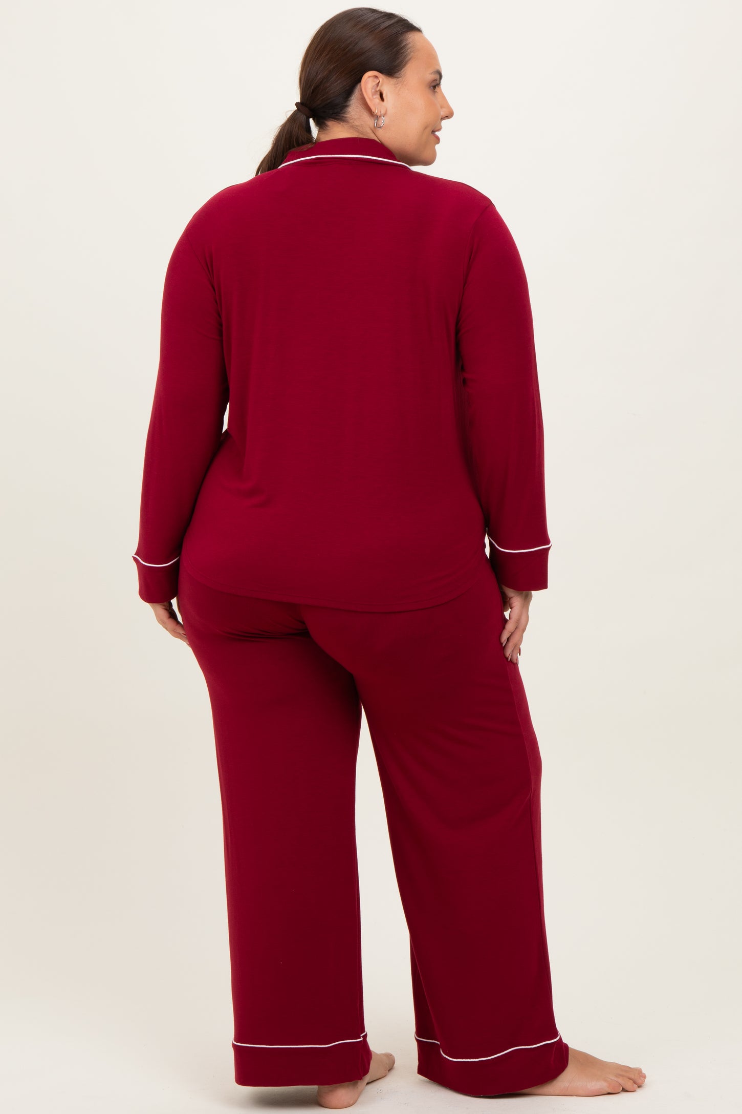 Burgundy Button Down Top Wide Leg Pant Plus Pajama Set