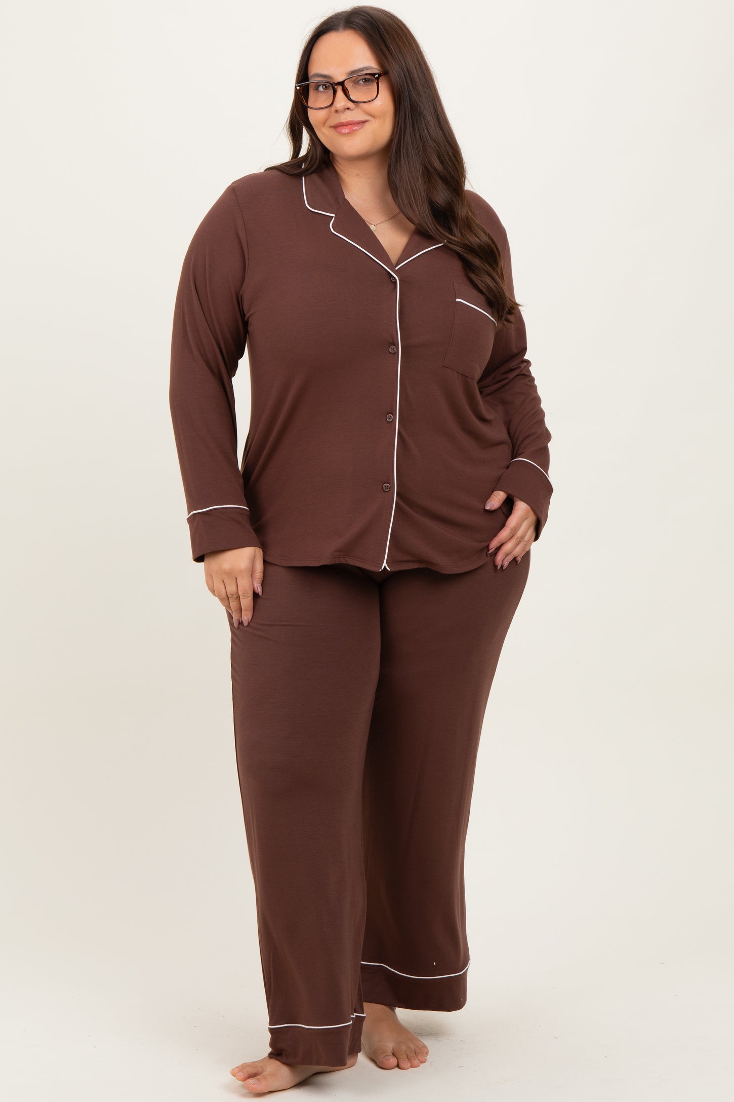 Brown Button Down Top Wide Leg Pant Plus Pajama Set