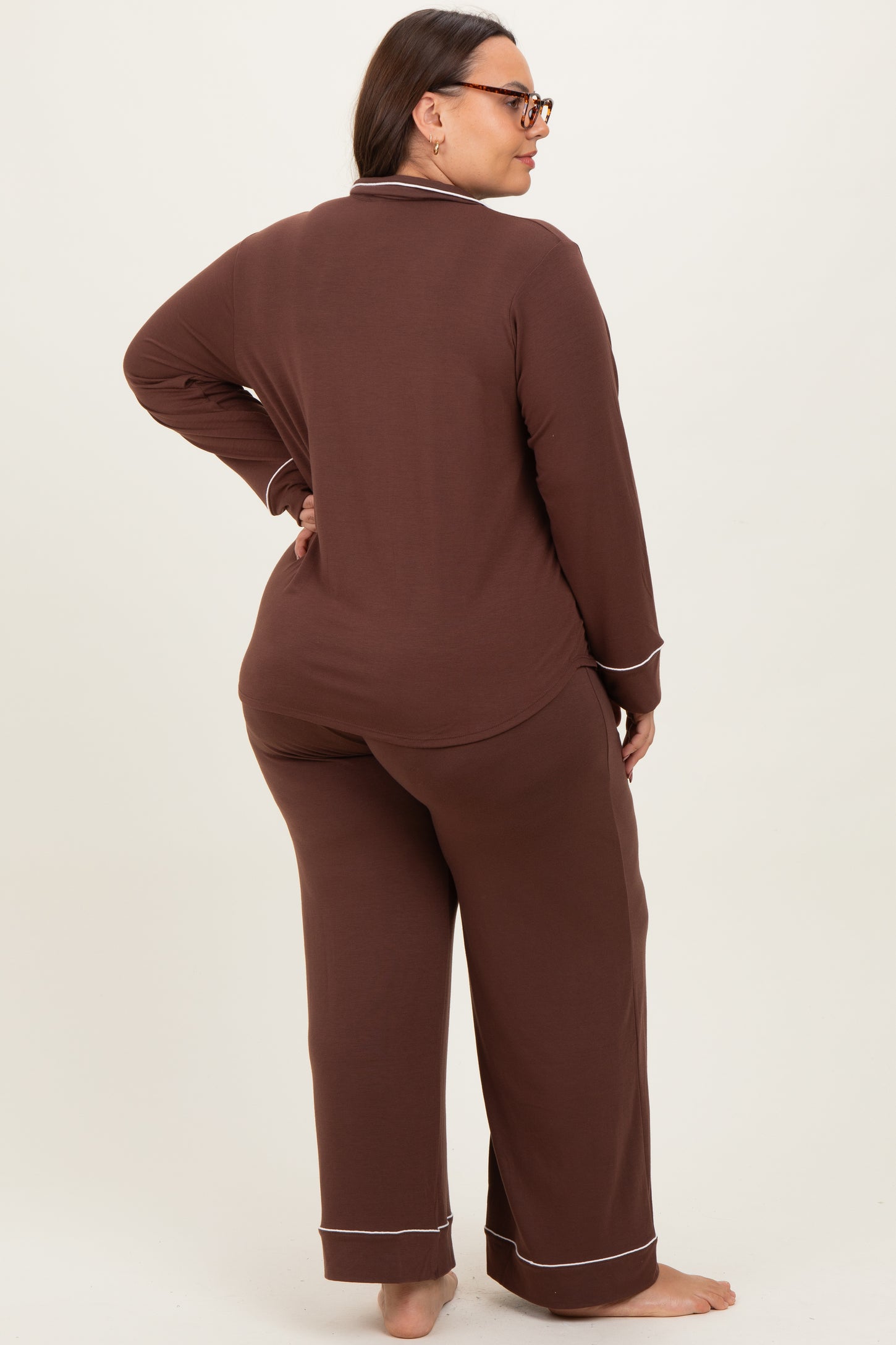 Brown Button Down Top Wide Leg Pant Plus Pajama Set