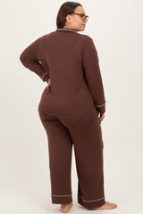 Brown Button Down Top Wide Leg Pant Plus Pajama Set