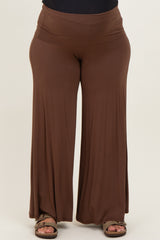 Brown Fold Over Waist Wide Leg Maternity Plus Lounge Pants