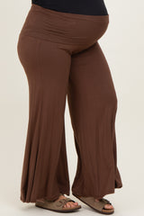 Brown Fold Over Waist Wide Leg Maternity Plus Lounge Pants