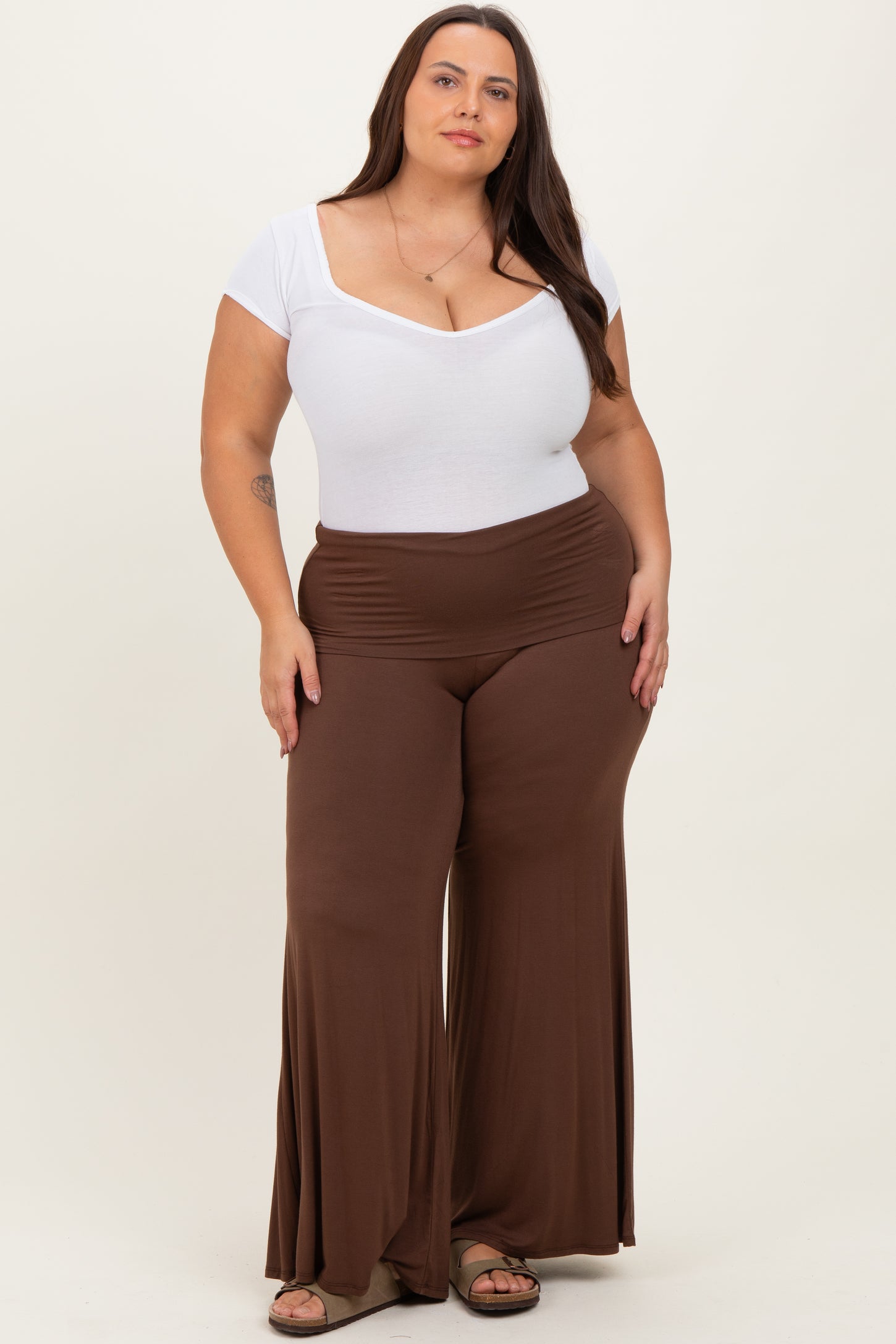 Brown Fold Over Waist Wide Leg Maternity Plus Lounge Pants