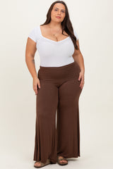 Brown Fold Over Waist Wide Leg Maternity Plus Lounge Pants