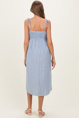 Blue Striped Smocked Shoulder Tie Maternity Midi Dress