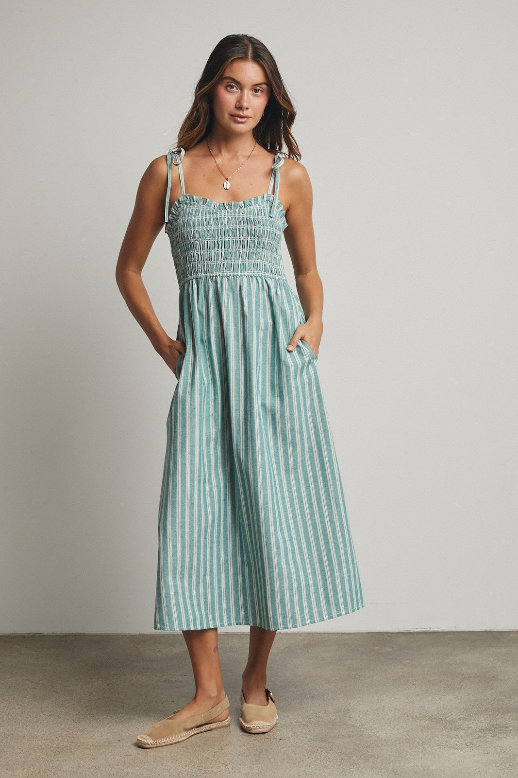 Jade Green Striped Smocked Shoulder Tie Midi Dress