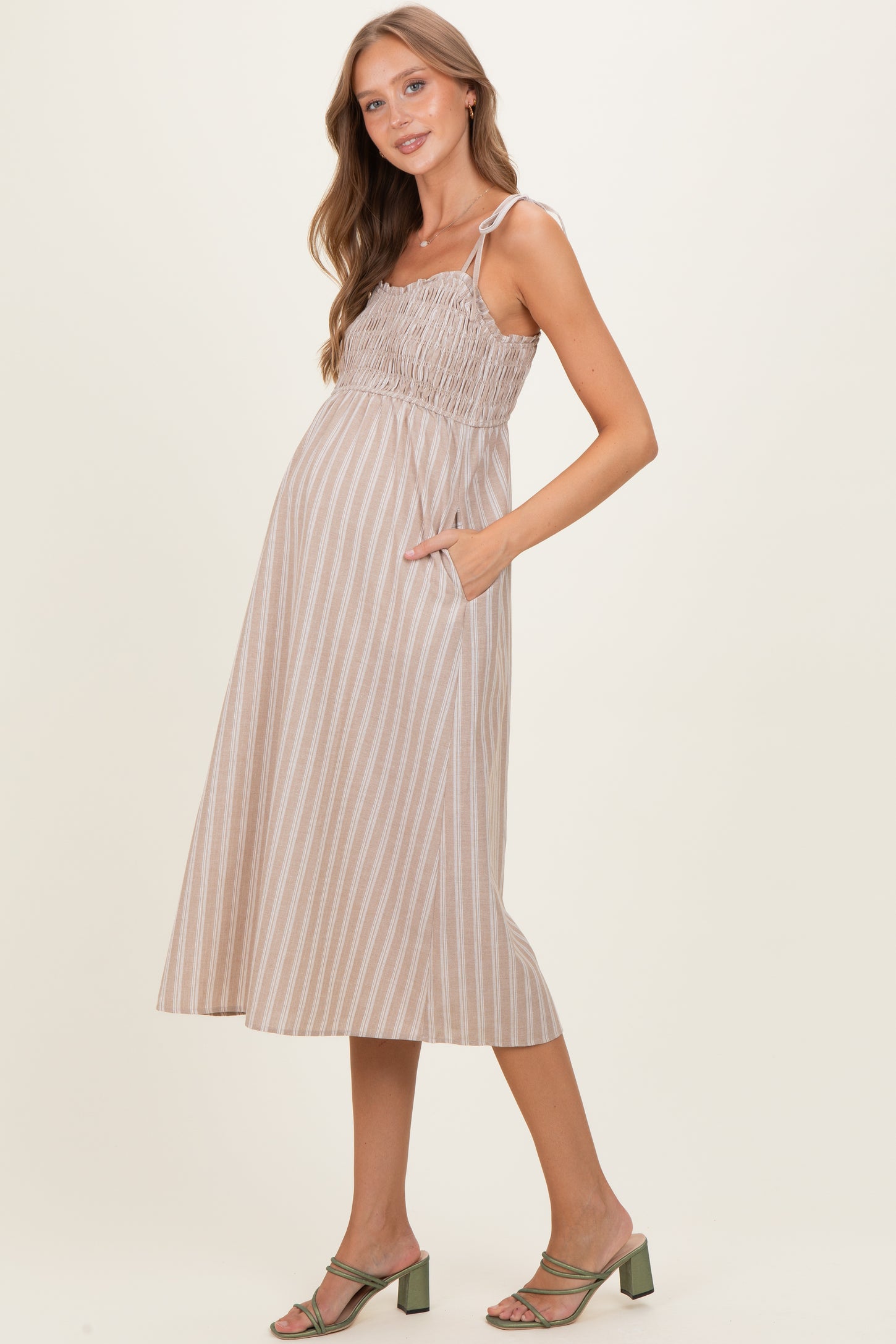 Mocha Striped Smocked Shoulder Tie Maternity Midi Dress